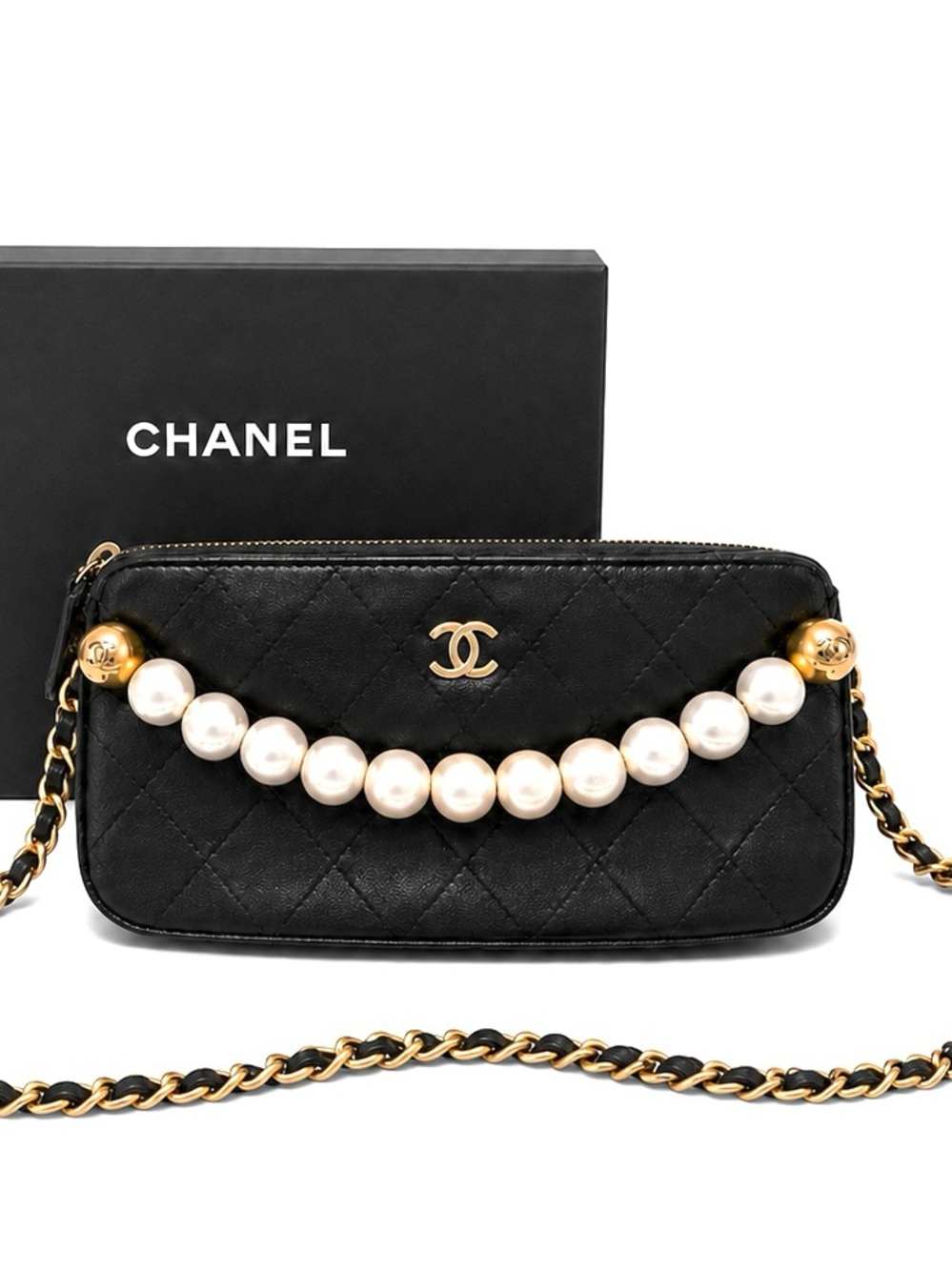 CHANEL ‘19 Black Quilted Goatskin Pearl & Aged Gold Hardware Clutch Crossbody